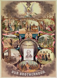 「北米の機関車消防士の兄弟愛」のポスター、1885